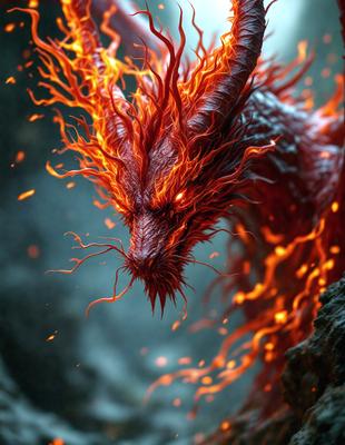 The primary subject of the image is a dragon with a fiery mane, standing in a dark, rocky environment. The dragon appears to be a digital art or illustration, with its flaming mane and sharp teeth creating a dramatic and intense visual style. The dominant colors in the image are red and orange, which contribute to the fiery and intense mood of the scene.